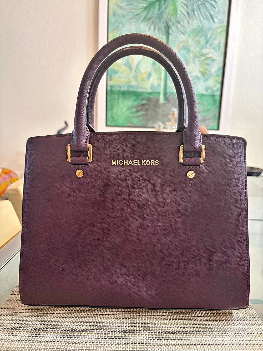 Michael Kors NWOT Selma Medium Saffiano Leather Satchel Bag Plum Burgundy w/ Str